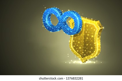 Infinity sign on golden security shield, abstract colorful 3d illustration. Polygonal Vector business concept of time, endless protection. Low poly wireframe, geometry triangles, lines, dots