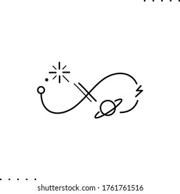 An infinity sign and planets, stars vector icon in outlines 