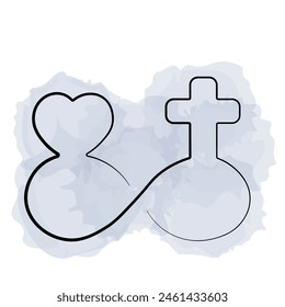 Infinity sign with religious cross and heart in watercolor