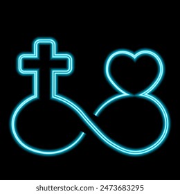 Infinity sign with religious cross and heart in neon effect