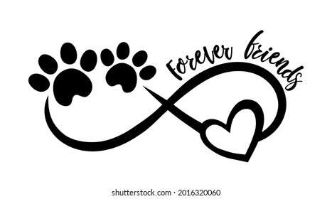 Infinity sign silhouette with pet paws footprints and heart.Forever friends inscription.Dog mom.Black vector tattoo stencil love symbol with puppy cat footprint paw icon.Vinyl wall sticker decal. DIY.