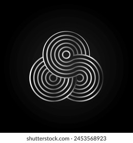 Infinity sign of three connected disks of metal wires. Endless symbol crossed discs. Vector illustration isolated on black background.
