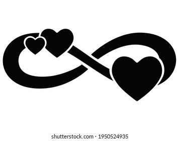 Infinity sign with three hearts - vector silhouette illustration for logo or pictogram. Eternal love symbol for Valentine's Day, polyamory symbol. Love and romance is a sign or icon.