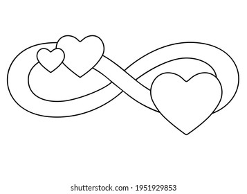 Infinity sign with three hearts - vector linear illustration for coloring. Eternal love symbol for Valentine's Day, polyamory symbol. Love and romance. Outline