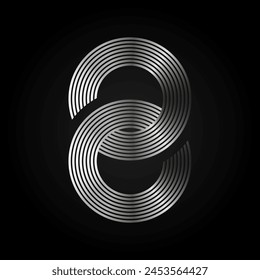 Infinity sign of two connected discs of metal wires. Eight of two linear discs. Vector illustration isolated on black background.