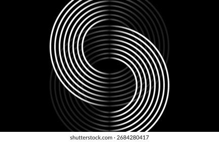 Signo infinito de dos discos conectados de alambres metálicos. Ocho de dos discos lineales. Ilustración vectorial aislada sobre fondo negro.