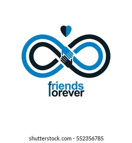 Infinity sign with two hands touching each other, infinite friendship concept, forever friends vector creative logo.