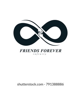 Infinity sign with two hands touching each other, infinite friendship concept, forever friends vector creative logo.