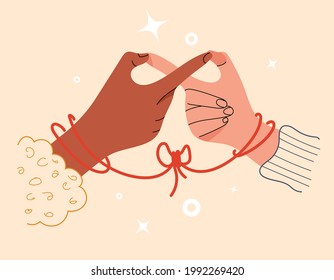 Infinity sign with two-finger gesture. Soulmates connected by red thread of fate. Symbol of eternal love, friendship. Eastern promise of love. Red string on hands of couple. Vector stock illustration.