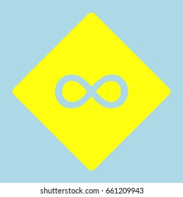 Infinity sign vector icon. Vector. Yellow romb with hole as icon on lightblue background.