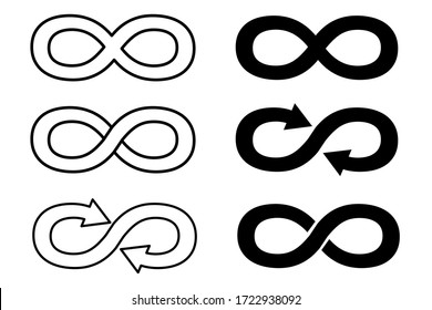 Infinity signs in different forms of two colors, black and white on a white background. Vector illustration. Stock Photo.