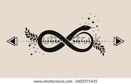 Infinity snake, mystical serpent curled up in shape of infinity sign, celestial eight knot symbol. Pagan wiccan design. Magic illustration for spiritual practices of ethnic magic and rites, isolated