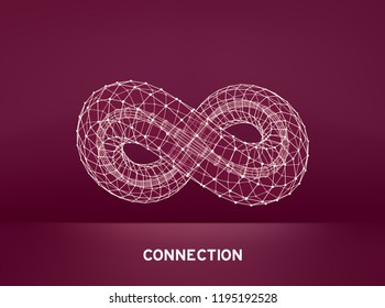 Símbolo infinito. Elemento de diseño 3D, emblema, icono. Estructura de conexión. Forma geométrica para el diseño. Elemento geométrico de entramado. Cuadrícula molecular. 