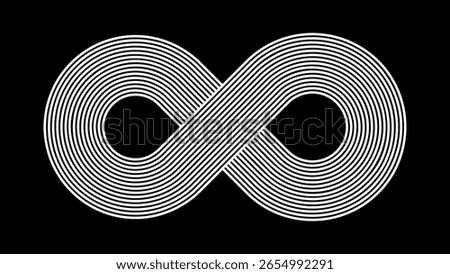 Infinity Symbol with Abstract White Striped Lines on Black Background. Modern Geometric Loop Design for Tech, Concept, and Futuristic Themes. Vector Illustration.