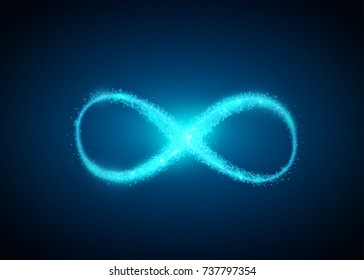 Infinity symbol background. Light blue neon infinite, eternity concept with shiny particles. Vector illustration