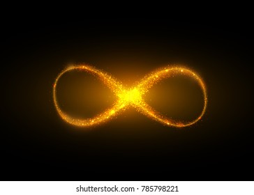 Infinity symbol background. Light yellow gold neon infinite, eternity concept with shiny fire particles. Vector illustration