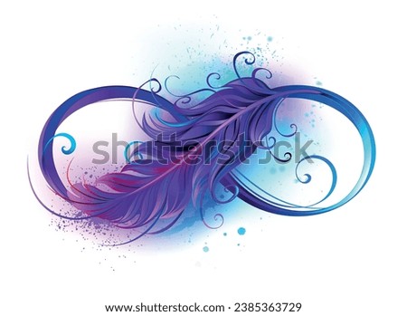 Infinity symbol with a beautiful feather painted in purple and blue bright colors on white background. hand drawn vector art