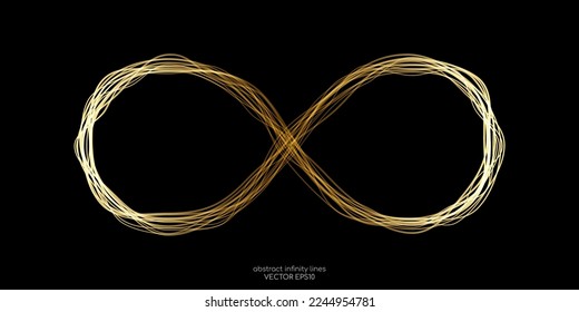 Símbolo infinito con líneas onduladas luz de gradiente dorado aislada sobre fondo negro.