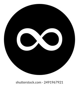 A infinity symbol in the center. Isolated white symbol in black circle. Vector illustration on white background