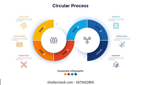 Infinity-Symboldiagramm, unterteilt in 6 Teile. Konzept von sechs Schritten der zyklischen Geschäftsentwicklung. Vorlage für die infografische Gestaltung von Unternehmen. Minimale flache Vektorgrafik für die Präsentation.