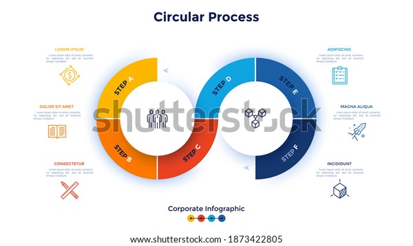 Infinity symbol chart divided into 6 parts.\
Concept of six steps of cyclical business development process.\
Corporate infographic design template. Minimal flat vector\
illustration for\
presentation.