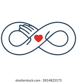 Infinity symbol with clasped hands and red heart, love and unity concept
