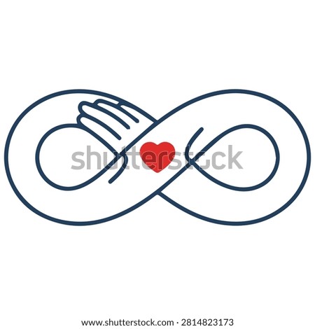 Infinity symbol with clasped hands and red heart, love and unity concept