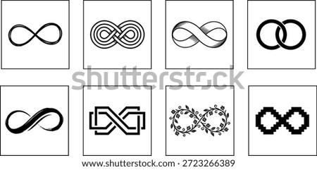 Infinity symbol collection in diverse artistic styles, abstract brushstroke, geometric, floral, pixel, circuit, minimal, calligraphic, decorative vector icons set for creative design themes