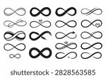 Infinity symbol collection featuring elegant loops, outlined variations, heart details, linked curves, and hand drawn endless signs isolated on white for love, eternity, mathematics, branding, decorative designs, and brand logos.
