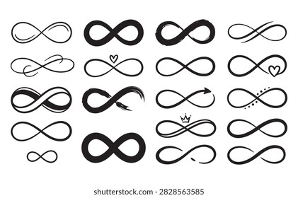 Infinity symbol collection featuring elegant loops, outlined variations, heart details, linked curves, and hand drawn endless signs isolated on white for love, eternity, mathematics, branding, decorative designs, and brand logos.
