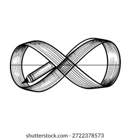 An infinity symbol composed of ribbed bands, a pen bisecting the shape, with a black and white aesthetic