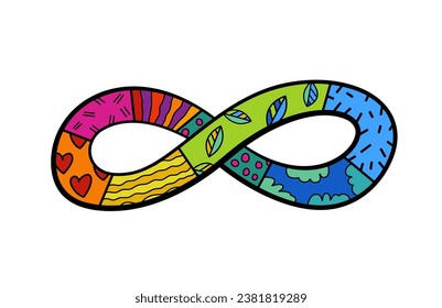 Infinity symbol composed of a vibrant spectrum of colors. This gradient represents the diversity of human minds and experiences. Hand-drawn editable vector illustration isolated on a white background