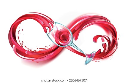 Infinity symbol of continuous stream of red wine pouring into glass wine glass on white background.