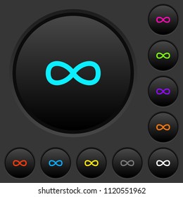 Infinity symbol dark push buttons with vivid color icons on dark grey background