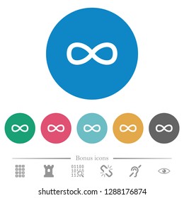 Infinity symbol flat white icons on round color backgrounds. 6 bonus icons included.