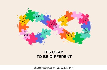Símbolo del infinito con caras divertidas de los niños, hechas de piezas coloridas del rompecabezas. Concepto de diseño de Vector, Anuncio y póster del Día del Orgullo Autista con el eslogan Okay to be Different