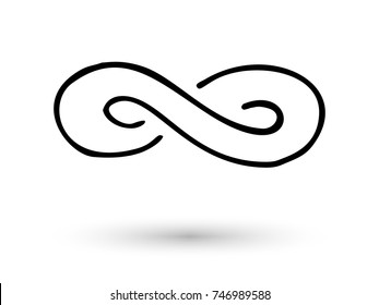 Infinity symbol hand drawn with ink brush. Thin line scribble icon. Modern doodle grunge outline. Cycle, endless, life concept. Graphic design element for card, logo, tattoo. Vector illustration.