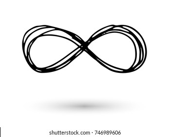 Infinity symbol hand drawn with ink brush. Thin line scribble icon. Modern doodle grunge outline. Cycle, endless, life concept. Graphic design element for card, logo, tattoo. Vector illustration.