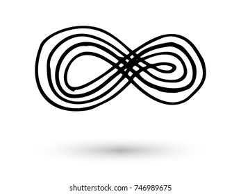 Infinity symbol hand drawn with ink brush. Thin line scribble icon. Modern doodle grunge outline. Cycle, endless, life concept. Graphic design element for card, logo, tattoo. Vector illustration.