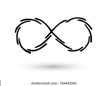 Infinity symbol hand drawn with ink brush. Thin line scribble icon. Modern doodle grunge outline. Cycle, endless, life concept. Graphic design element for card, logo, tattoo. Vector illustration
