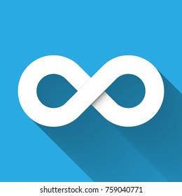 Infinity symbol icon. Concept of infinite, limitless and endless. Simple white vector design element with gradient long shadow isolated on blue background.