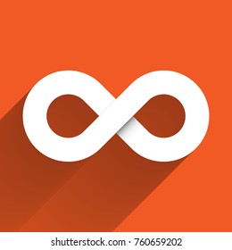 Infinity symbol icon. Concept of infinite, limitless and endless. Simple white vector design element with gradient long shadow isolated on orange background.