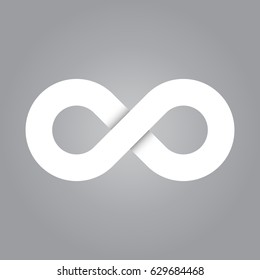 Infinity symbol icon. Representing the concept of infinite, limitless and endless things. Simple white vector design element on grey background.