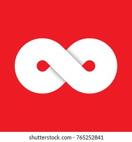 Infinity symbol icon. Representing the concept of infinite, limitless and endless things. Simple white vector design element on red background.
