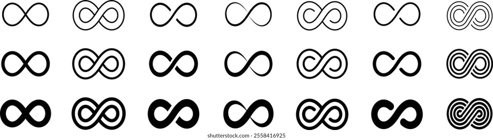 Infinity Symbol Icon Set - Black Minimalist Infinity Loop Vectors, Endless Design Elements, Abstract Eternity Signs, Modern Graphic Templates, Infinity Patterns for Logos, Tattoos, and Web Design