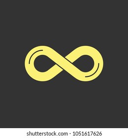 Infinity symbol icon. Simple yellow vector design element on dark gray background. Representing the concept of infinite, limitless and endless things. Flat vector web icon.