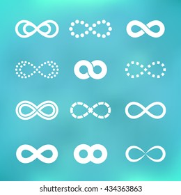Infinity symbol icons set. White silhouettes. Different forms. Isolated on a colorful soft background. Vector illustration.