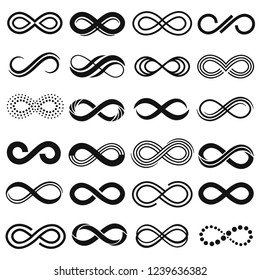 Infinity symbol. Infinit repetition, unlimited contour and endless infinite sign. Eternity curve loop figure logotype infinity silhouette. Isolated vector symbols set