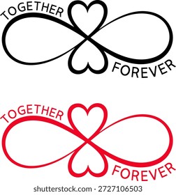 
Símbolo infinito com corações integrados e texto "Juntos para sempre" em versões em preto e vermelho. Perfeito para projetos de casamento, tatuagens de casal, gráficos românticos, conceitos de amor eterno e temas de namorados.