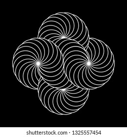 Infinity symbol of interlaced circles. Impossible shape with white stroked lines on black background.